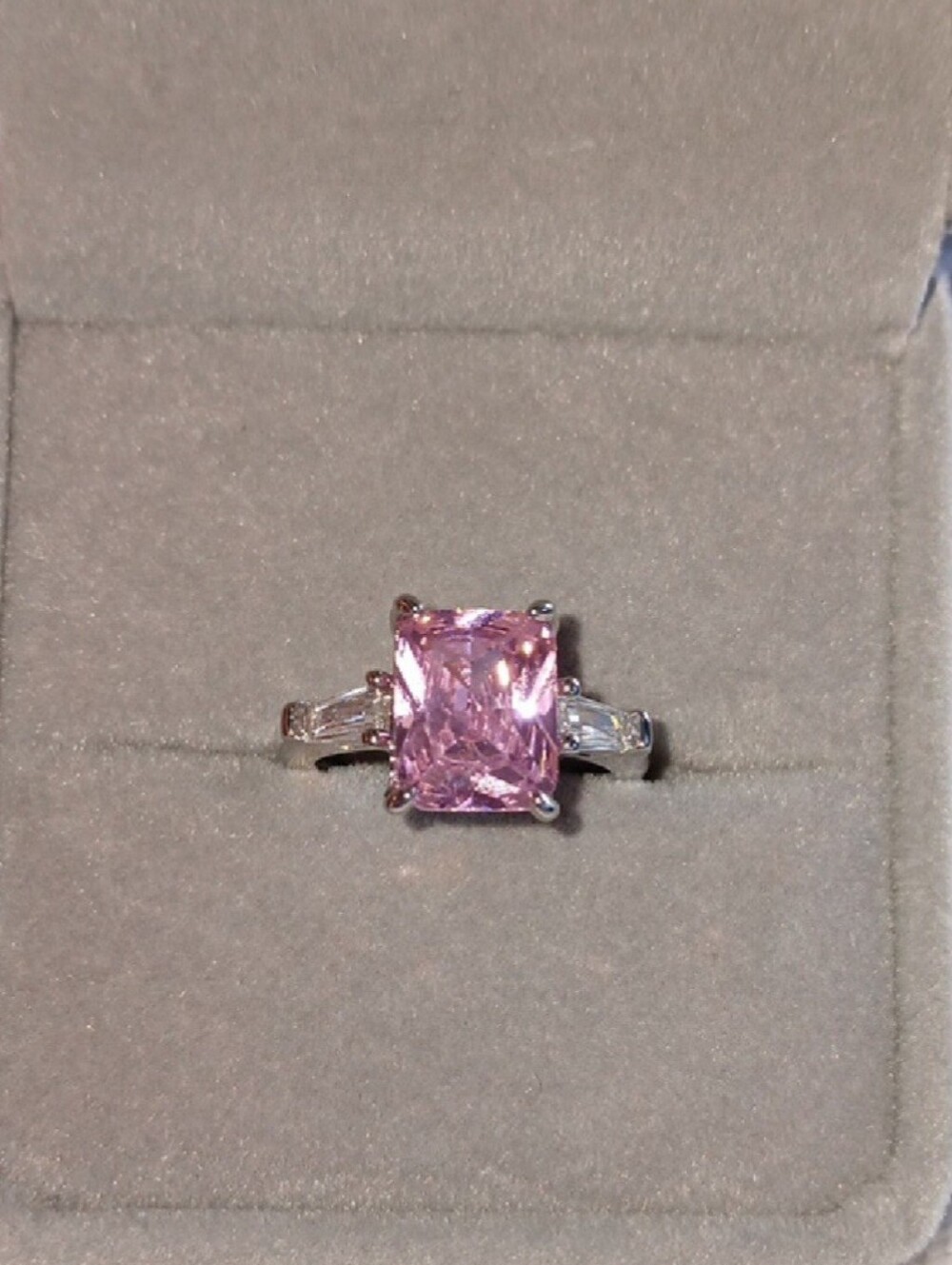 Princess Cut Pink Stone Ring Silvertone - Size 5 - NWOT